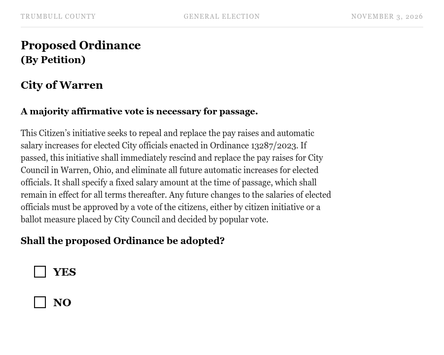 Ballot-style rendering of the Warren City Repeal the Raises proposed ordinance question with YES and NO choices